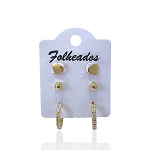 Trio Brincos Folheado Ouro 18k e Prata 925 Argola Coração