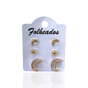 Trio Brincos Folheado Ouro 18k e Prata 925 Lua