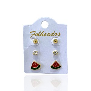 Trio Brincos Folheado Ouro 18k e Prata 925 Melancia
