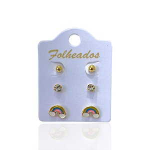 Trio Brincos Folheado Ouro 18k e Prata 925 Arco Íris