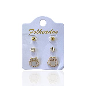 Trio Brincos Folheado Ouro 18k e Prata 925 Coruja