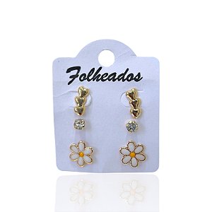 Trio Brincos Folheado Ouro 18k e Prata 925 Margarida