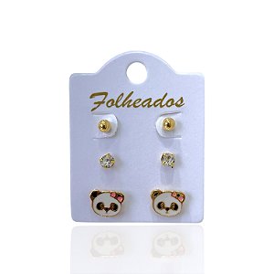 Trio Brincos Folheado Ouro 18k e Prata 925 Panda
