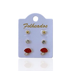 Trio Brincos Folheado Ouro 18k e Prata 925 Cogumelo