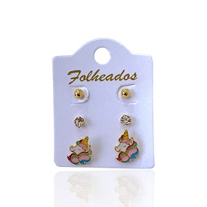 Trio Brincos Folheado Ouro 18k e Prata 925 Unicórnio