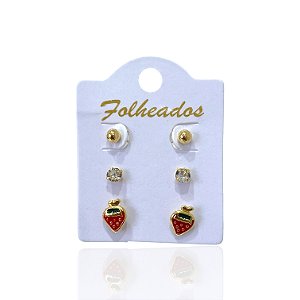 Trio Brincos Folheado Ouro 18k e Prata 925 Morango
