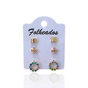 Trio Brincos Folheado Ouro 18k e Prata 925 Mandala