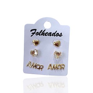 Trio Brincos Folheado Ouro 18k e Prata 925 Amor
