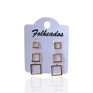 Trio Brincos Folheado Ouro 18k e Prata 925 Quadrado