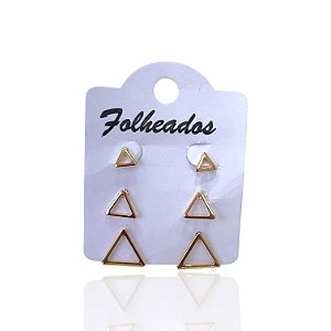 Trio Brincos Folheado Ouro 18k e Prata 925 Triângulo