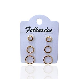 Trio Brincos Folheado Ouro 18k e Prata 925 Redondo