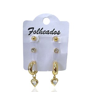 Trio Brincos Folheado Ouro 18k e Prata 925 Argola Coração
