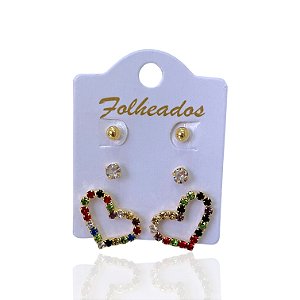 Trio Brincos Folheado Ouro 18k e Prata 925 Coração Vazado