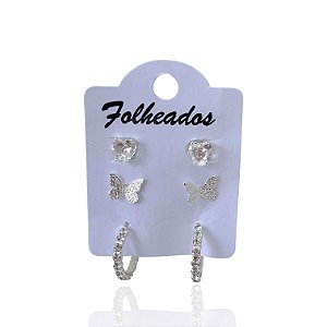 Trio Brincos Folheado Prata 925 Argola Borboleta