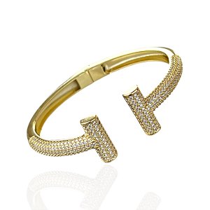 Bracelete Folheado Ouro 18k e Prata 925 Inspired T Cravejado