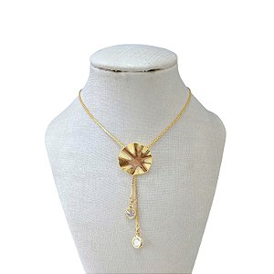 Colar Folheado Ouro 18k e Prata 925 Gravatinha Cristal Redondo Martelado