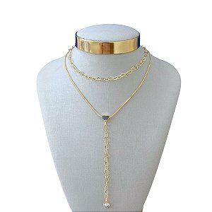 Colar Duplo Folheado Ouro 18k Gravatinha elos Corações