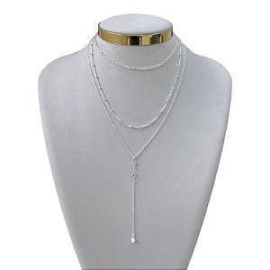 Colar Triplo Folheado Ouro 18k Gravatinha Cristais Bolinhas elos