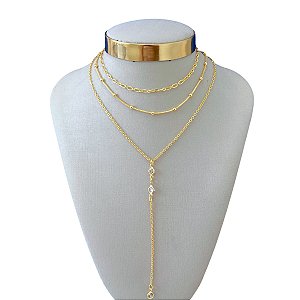 Colar Triplo Folheado Ouro 18k Gravatinha Cristais Bolinhas elos