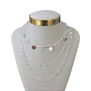 Colar Triplo Folheado Ouro 18k e Prata 925 Medalhas Elos Corações