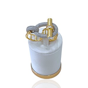 Anel Ajustável Bijuteria Dourado e Prata Inspired Trava Cravejado