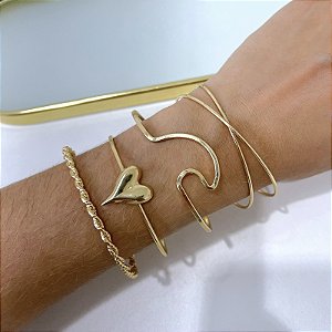 kit 4 Bracelete Bijuteria Dourado e Prata Coração