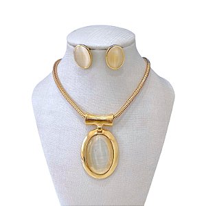 Conjunto Folheado Ouro 18k e Prata 925 Pedraria Oval Malha