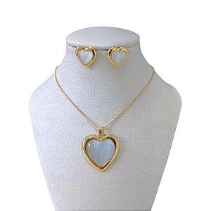 Conjunto Folheado Ouro 18k e Prata 925 Pedraria Coração