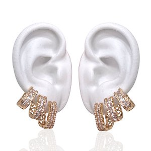 Trio Brincos Folheado Ouro 18k e Prata 925 Argolas Quadrada Cravejada