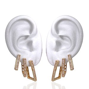 Trio Brincos Folheado Ouro 18k e Prata 925 Argolas Quadrada Cravejada