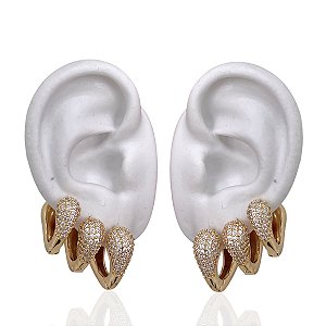 Trio Brincos Folheado Ouro 18k e Prata 925 Argolas Coração Cravejado