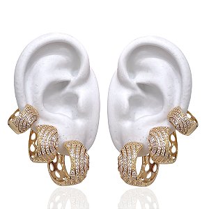 Trio Brincos Folheado Ouro 18k e Prata 925 Argolas Desenhada Cravejada