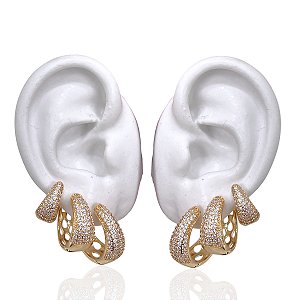 Trio Brincos Folheado Ouro 18k e Prata 925 Argolas Cravejada