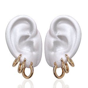 Trio Brincos Folheado Ouro 18k e Prata 925 Argolas Canoa Abaulada