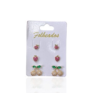 Trio Brincos Folheado Ouro 18k e Prata 925 Frutas Cravejada