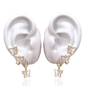 Trio Brincos Folheado Ouro 18k e Prata 925 Borboletas Madrepérola