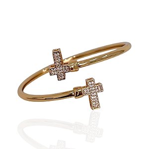 Bracelete Folheado Ouro 18k e Prata 925 Cruz Cravejada