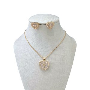 Conjunto Folheado Ouro 18k e Prata 925 Coração Cravejado