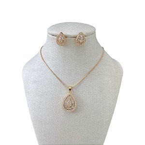 Conjunto Folheado Ouro 18k e Prata 925 Gota Cravejada