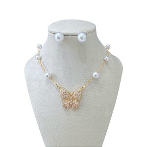 Conjunto Folheado Ouro 18k e Prata 925 Borboleta Cravejada Pérola