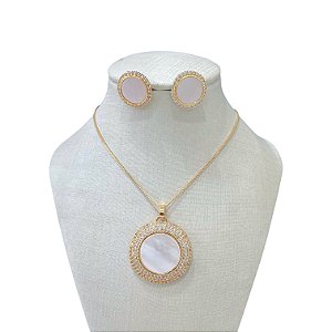 Conjunto Folheado Ouro 18k e Prata 925 Redondo Madrepérola Cravejado