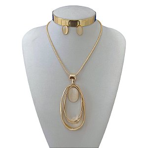 Conjunto Folheado Ouro 18k e Prata 925 Longo Pedraria Oval Malha