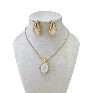 Conjunto Folheado Ouro 18k e Prata 925 Pedraria Gota Vírgula