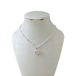 Colar Folheado Prata 925 Bolinhas Coração Cravejado