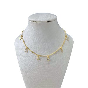 Choker Folheada Ouro 18k Bolinhas Corações Cristais