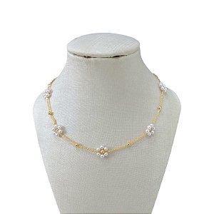 Choker Folheada Ouro 18k e Prata 925 Bolinhas Flores Pérola