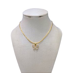 Colar Folheado Ouro 18k Laminada Borboleta Cravejada