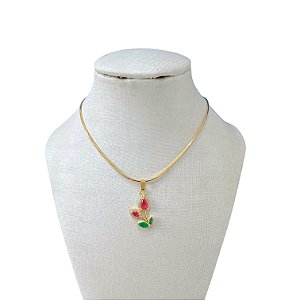 Colar Folheado Ouro 18k Laminada Flor Cravejada Colors