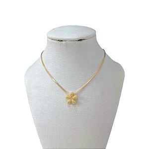 Colar Folheado Ouro 18k Laminada Flor Cravejada