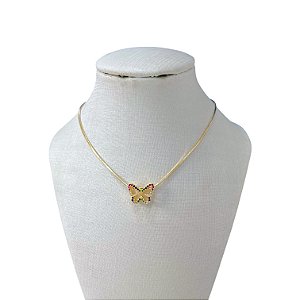 Colar Folheado Ouro 18k Laminada Borboleta Vazada Cravejada Colors